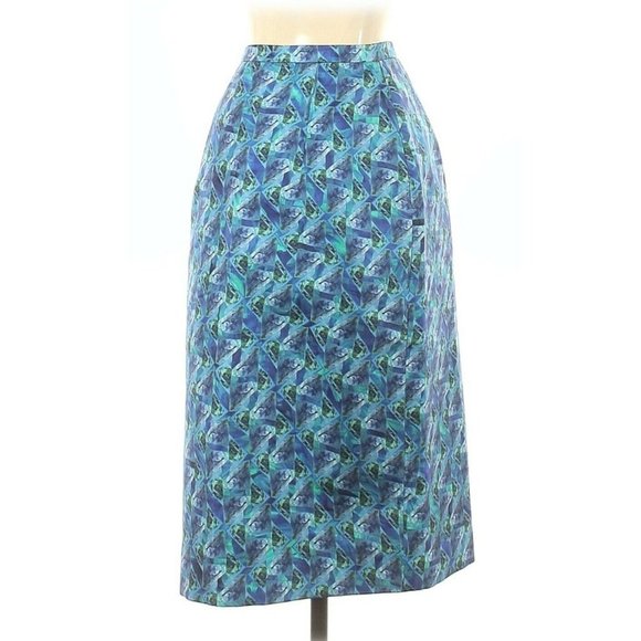Rachel Alex Silk Mod Style Faux Wrap Skirt Geometric Blue Teal Sz XXS 00 - Picture 2 of 12